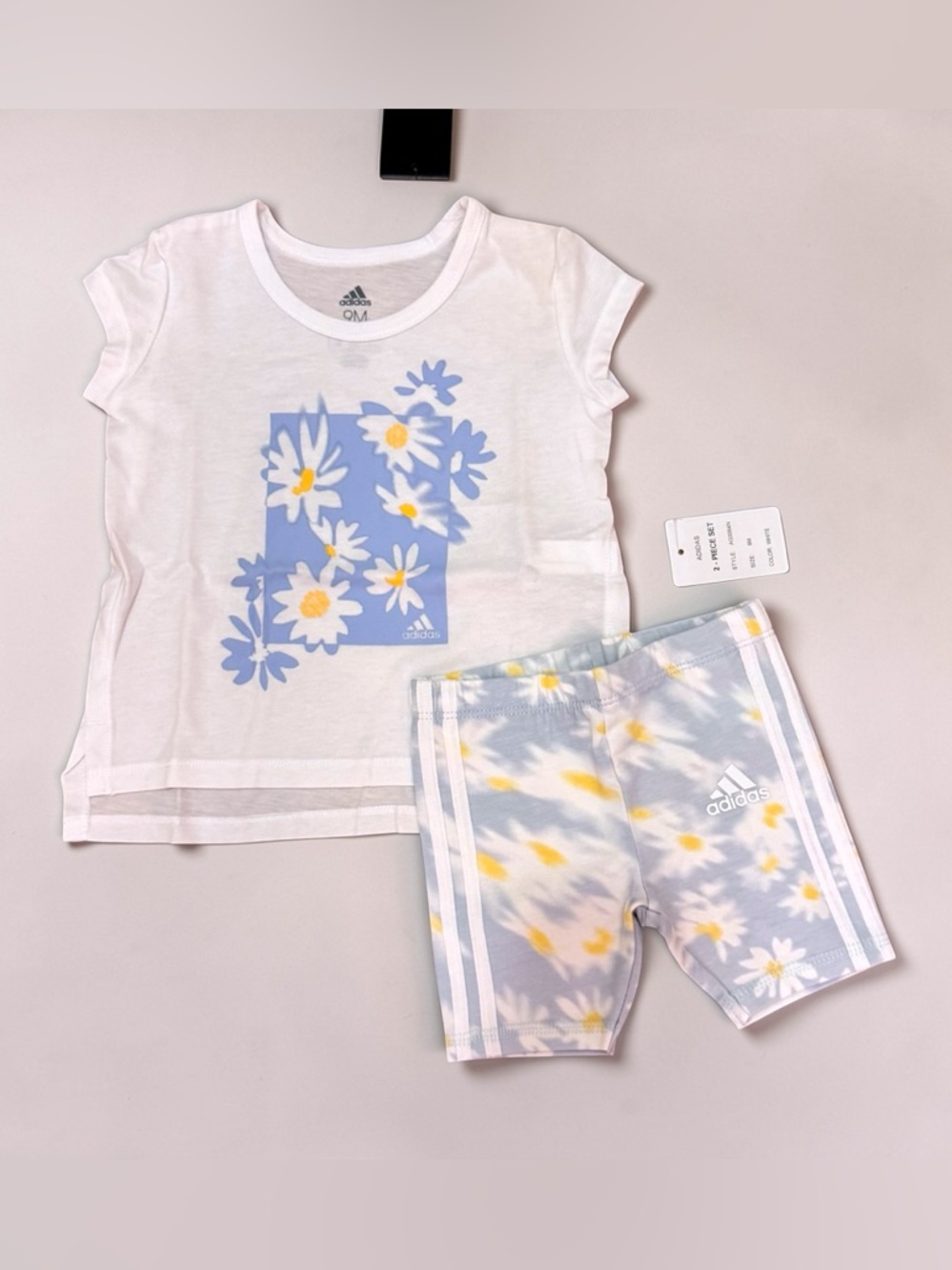 NWT adidas 9 Month White Tee & Light Blue Daisy Tee & Floral Summer Shorts Set